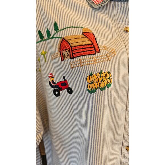 Vintage M embroidered chambray scarecrow farm  long sleeve graphic button up+ - Picture 2 of 7